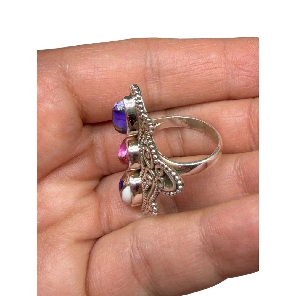 Kingman Pink Purple Dahlia Turquoise Ring Size 7 Solid 925 Sterling Silver